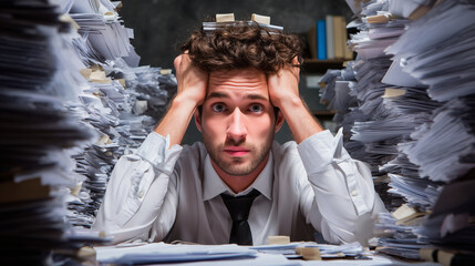 Stressed businessman overwhelmed by paperwork and deadlines. 