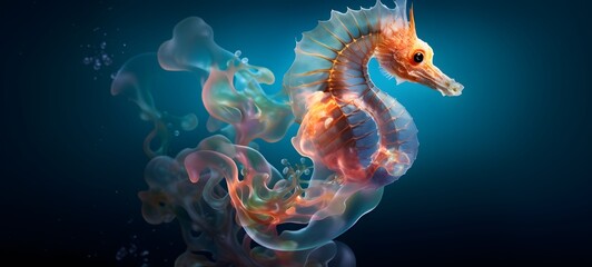 a light seahorse , coming out of the smoke, Generative ai