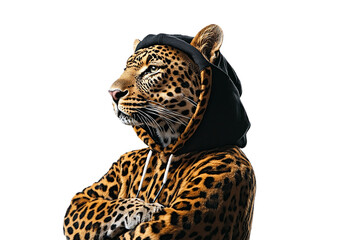 Sophisticated leopard wearing hooded sweatshirt looking thoughtfully on transparent background