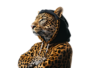 Sophisticated leopard wearing hooded sweatshirt looking thoughtfully on transparent background
