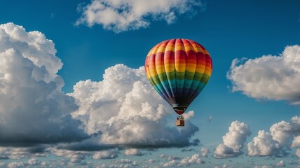 Obraz premium A colorful hot air balloon floating in a cloudy blue sky
