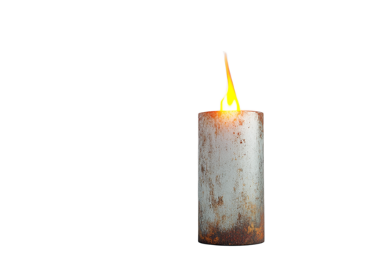 Rustic metal candle with bright yellow flame on transparent background