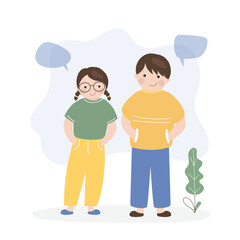Fototapeta premium Happy caucasian boy and girl students talking to each other. Classmates, friends. Brother and sister standing together. Friendship, relationship concept.