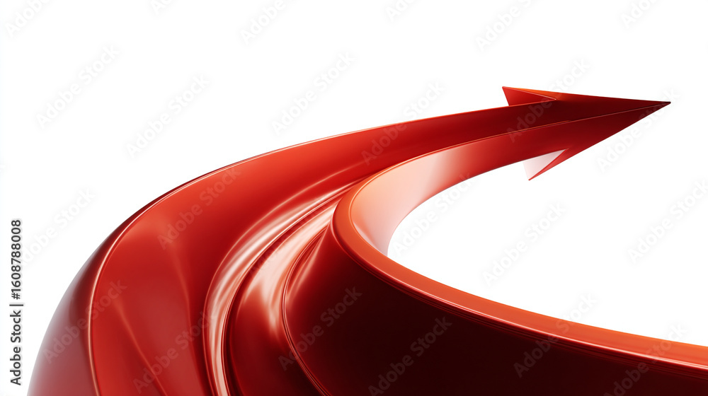 Poster a curved red arrow pointing upwards on a plain white background view