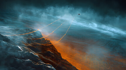 orbital engineering drone mapping fault lines on asteroid shell, viewed through infrared mist and telemetry overlay. Illustration