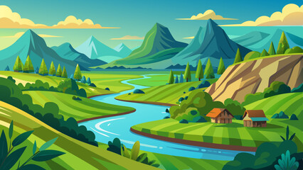 river landscape illustration with a view of green