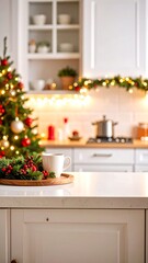 Fototapeta premium Festive kitchen scene with a Christmas tree, warm lights, and a cozy mug on a counter
