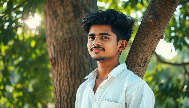 Serene outdoor portrait of a young man with stylish haircut, gently smiling against a sunlit tree. Capturing youthful peace and a natural connection.