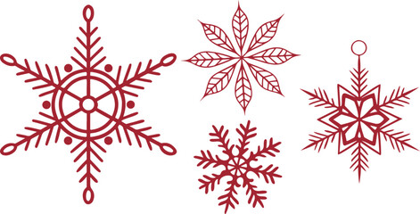 Isolated red snowflake vector set, geometric winter shapes, star-like patterns, Christmas theme, clean symmetrical designs, festive seasonal illustration pack