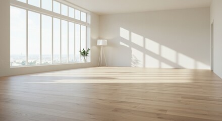 Fototapeta premium Bright empty room with large windows, wooden floors, and minimal decor including a lamp and plant.