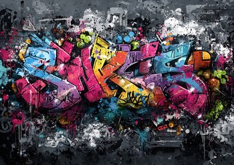 Colorful graffiti art with bold letters and abstract shapes on a dark textured background design style