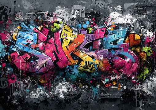 Colorful graffiti art with bold letters and abstract shapes on a dark textured background design style