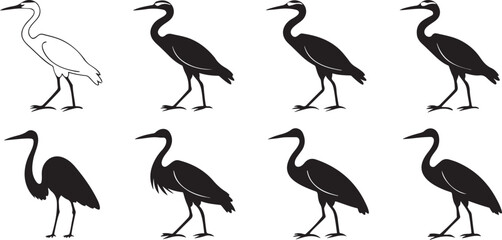 Isolated black heron silhouettes, standing and walking bird poses, simple vector art, clean line design, minimalist animal icon set, editable bird illustrations