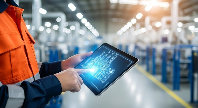 Worker in orange safety vest uses tablet with digital interface in modern factory