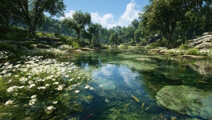 Tranquil riverbanks with white flowers. Sunlight illuminates a clear, shallow river flowing through lush greenery
