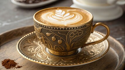 Beautiful latte art crafted in a gold ornate cup, showcasing detailed design and rich coffee texture
