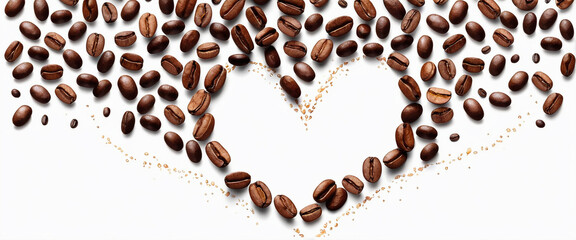 Heart made of roasted coffee beans on a white background. Heart shaped coffee beans symbolizing love and warmth. Illustration using coffee beans.