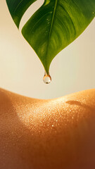 Extreme close-up of water droplet above dewy skin, soft golden hour light, blurred tropical leaf, spa mood, ultra-detailed macro.