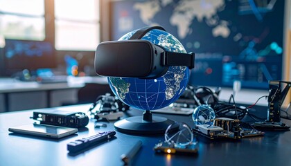 A virtual reality headset rests atop a globe, symbolizing global technology and innovation.