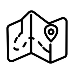 Folded Travel Map with Location Pin Icon. Navigation Guidance and Destination Finding Symbol. Route Planning and Global Exploration. Line Art Vector Illustration.