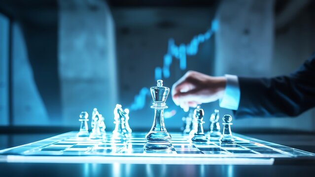 A hand moves a chess piece on a board with a financial graph overlay.