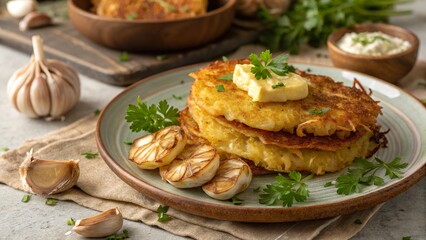 Delicious brambor ky topped with butter and served with roasted garlic on a rustic dining table