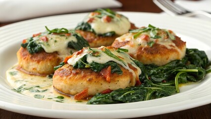 Delicious brambor ky served with creamy spinach and cheese on a plate for a satisfying meal