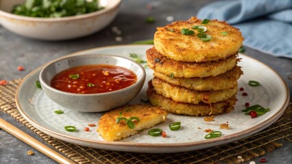 Brambor ky served with sweet chili sauce on a plate with fresh herbs and chopsticks