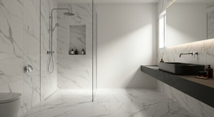 Modern marble bathroom with walk-in shower, black sink, and minimalist design.