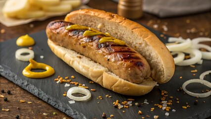 Grilled sausage in a bun with mustard and onions served on a slate board during a summer barbecue