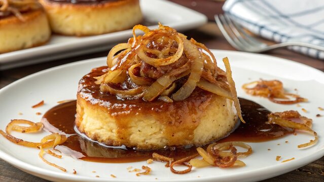 Delicious brambor ky topped with caramelized onions served on a white plate
