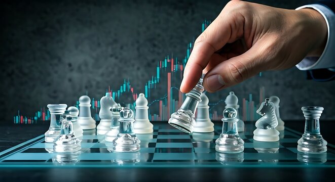 A hand moves a chess piece on a glass board against a backdrop of a financial stock market chart.