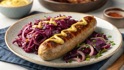 Delicious bratwurst served with vibrant red cabbage and tangy mustard for a satisfying meal