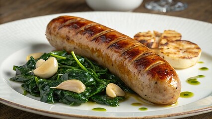 Savory bratwurst served on a plate with fresh spinach and roasted garlic cloves for a delightful meal experience