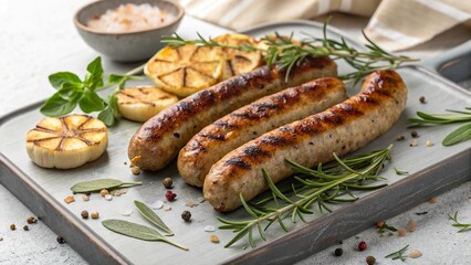 Grilled bratwurst with roasted garlic and fresh herbs served on a rustic platter