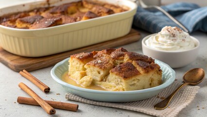 Delicious bread pudding with a crusty top served fresh from the oven alongside whipped cream and cinnamon sticks
