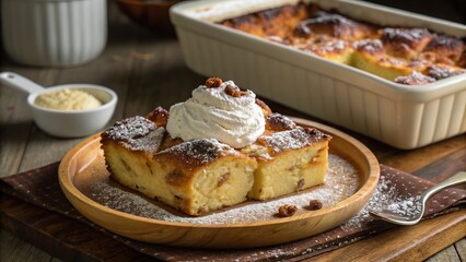 Decadent bread pudding served with whipped cream on a rustic wooden table in a cozy kitchen setting