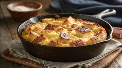 Satisfying bread pudding baked in a cast iron skillet ready to be served at a cozy kitchen gathering