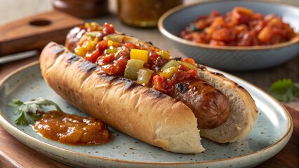 Savory bratwurst topped with sweet and spicy relish served on a soft bun with vibrant side relish