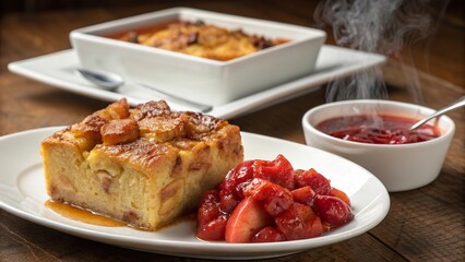 Delicious bread pudding served with warm apple compote on a rustic wooden table in a cozy cafe setting