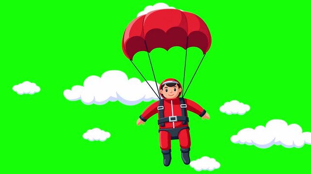 Boy on a red parachute, imitation of flight against the background of  white clouds, cartoon style, isolated on green screen, chroma key, footage, mockup, loop
