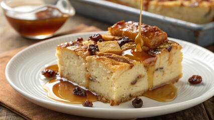 Delicious bread pudding drizzled with maple syrup on a rustic wooden table