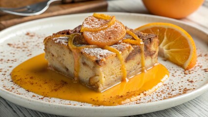 Enjoying a delicious slice of bread pudding topped with orange cream sauce and garnished with fresh orange slices