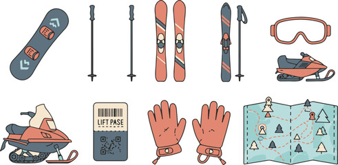 Flat-style winter sports equipment illustration: skis, snowboard, snowmobile, gloves, goggles, lift pass, and trail map.