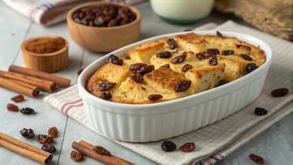 Delicious homemade bread pudding with raisins and cinnamon served in a rustic kitchen setting
