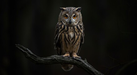 Owl perched on branch dark forest