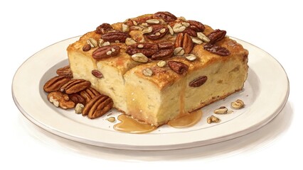Delicious bread pudding topped with toasted nuts served on a white plate in a cozy dining setting