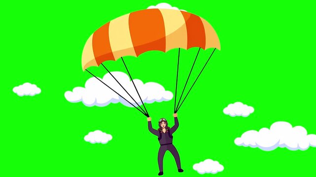 Young woman  on a parachute, imitation of flight against the background of white clouds, cartoon style, isolated on green screen, chroma key, footage, mockup, loop