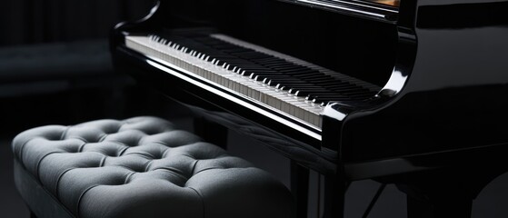 The elegant black grand piano with a luxurious tufted stool in an intimate setting