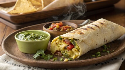 Warm breakfast burrito filled with eggs, vegetables, and accompanied by salsa verde and fresh toppings